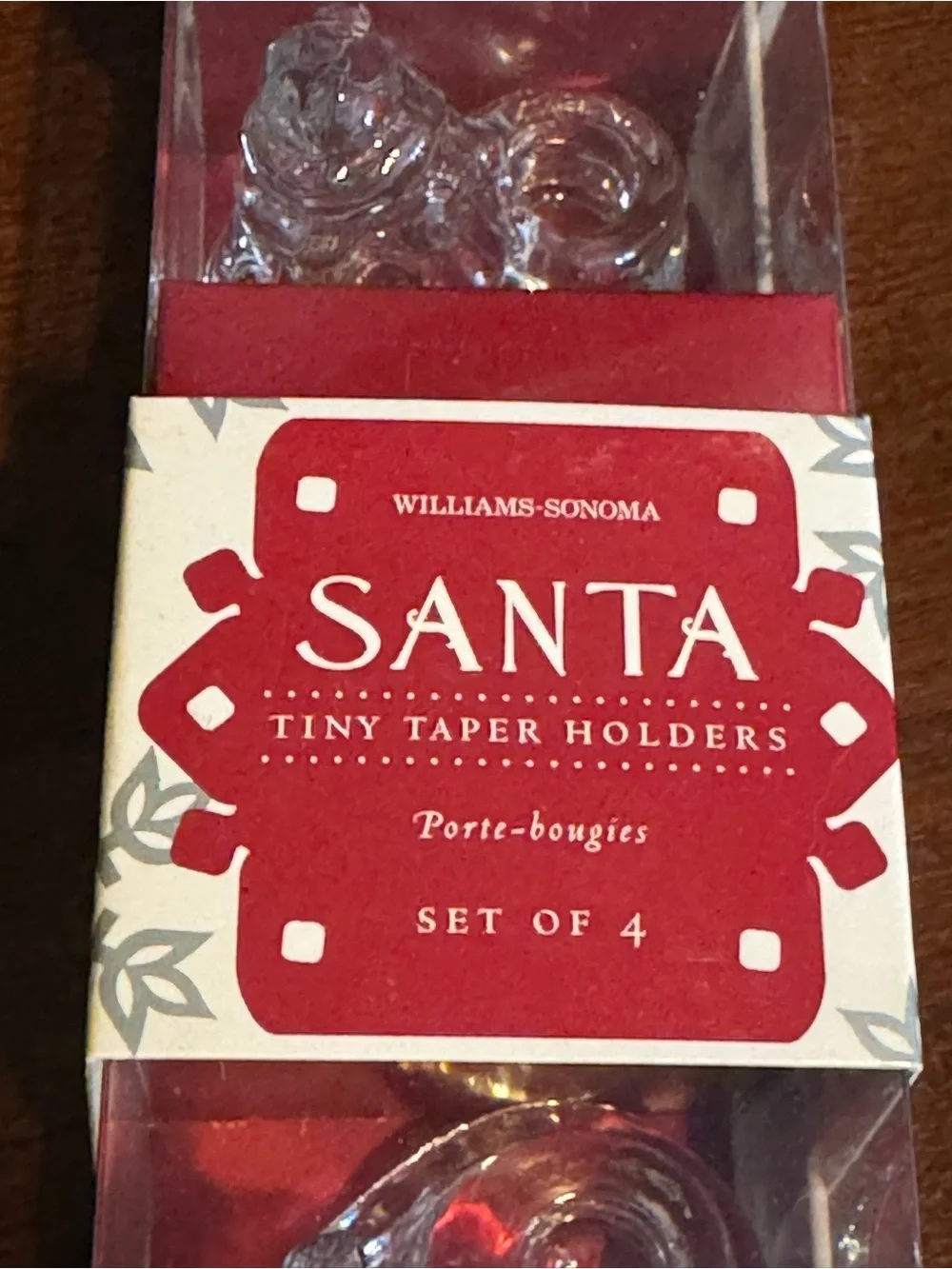 Set of 4 Williams Sonoma Glass SANTA Tiny Taper Candle Stick Holders in Box